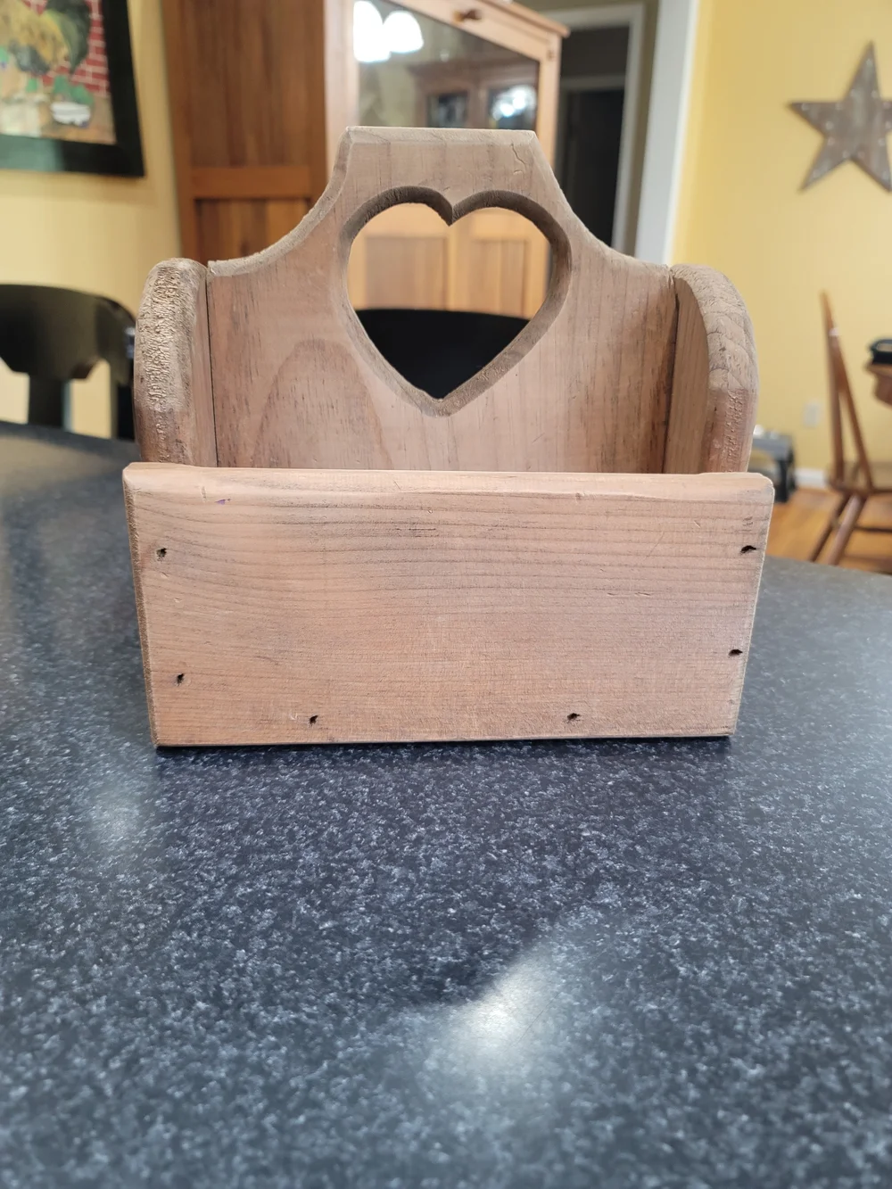 Vintage wooden storage caddy heart-shaped cutout handle cottagecore style Rustic